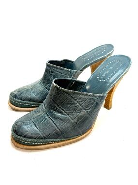 Nine West Blue Croc-Embossed Leather Mule Heels | 7